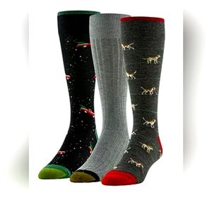 Gold Toe MEN'S Soft Comfy Crew Socks, 3 Pair. Christmas Dogs, Solid Gray, Trucks